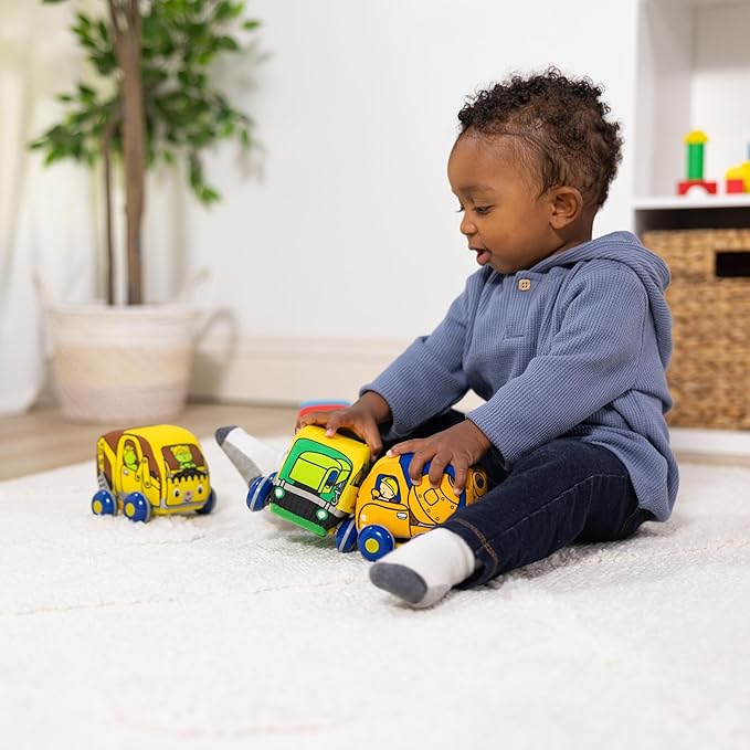 Melissa & Doug Pull-Back Construction Vehicles - Soft Baby Toy Play Set of 4 Vehicles - Cars For Infants, Construction Toys, Pull Back Cars For Babies Ages 9m+