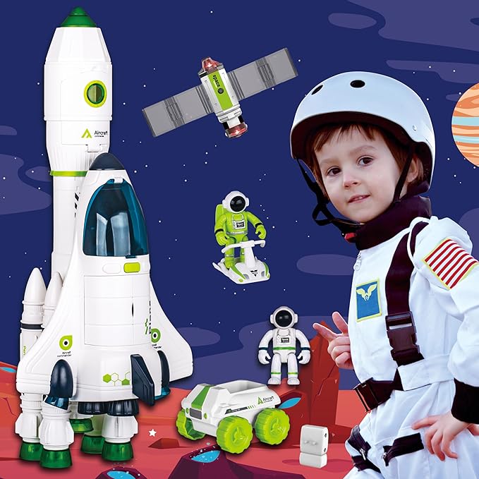 Space Rocket Shuttle Toy Set, Spacecraft Airplane Toys for Kids with Lights & Sound & Astronaut Figures,Spaceship Toys Gift for Boys 3-5-8