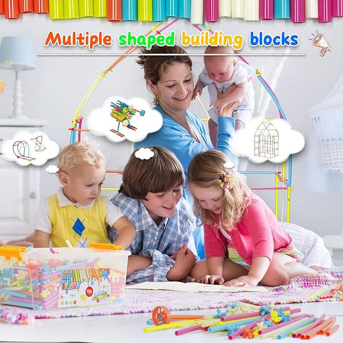 Straw Constructor STEM Building Toys Macaron 600Pcs Interlocking Gear Toy Sets for Kindergarten Classroom, Engineering Thin Tube Blocks for 3 4 5 6 7 Years Kids Toy for Boys and Girls Gift