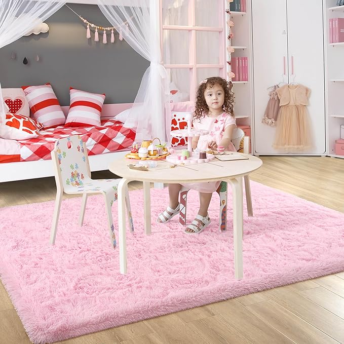 5x8 Pink Fluffy Rug for Girls Bedroom Soft Carpet, Large Cute Pink Fuzzy Shag Furry Area Rugs for Classroom Living Room Nursery Dorm Baby Kids Room Home Decor, Modern Indoor Non Slip Rug
