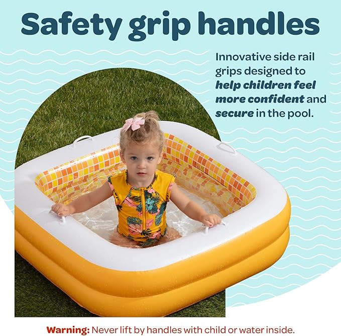 Baby and Toddler Pool with Cushioned Floor, Handles & Drain, 34"x10" Skin Safe Small Square Inflatable Kiddie Pool Portable Bathtub and Ball Pit, Summer Outdoor Gift for Babies, Infants & Toddlers 1-3