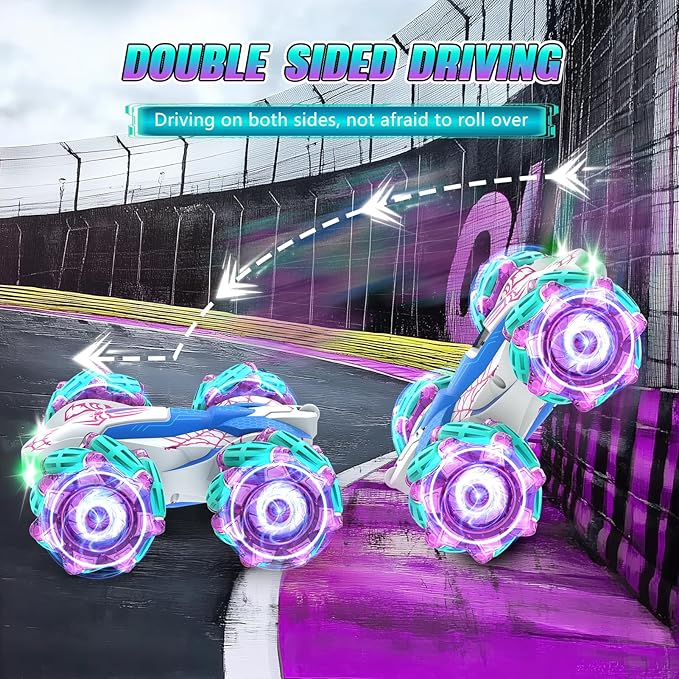 Remote Control Car 2.4Ghz RC Cars with LED Lights Double Sided Off-Road 360°Rotating Roll RC Cars Rechargeable 4WD RC Stunt Car Indoor Outdoor Toys for Boys Girls 6-13 Gifts (Pink)