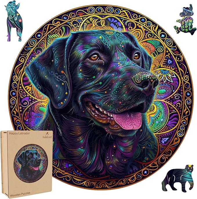 Happy Labrador 500 Pieces Wooden Puzzles for Adults Dog Jigsaw Puzzles with Unique Irregular Shapes Pieces Great Gift for Kids and Adults on Birthday,Thanksgiving,Christmas 16.7x16.7 Inches
