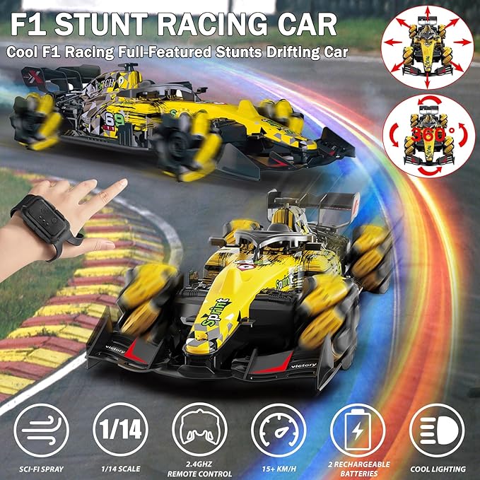 Gesture Sensing Remote Control Car, F1 RC Stunt Car 1:14 Scale 4WD 2.4GHz 360 ° Rotating RC Cars Toy for Kids with Spray Lights RC Drift Car Boys Girls Gifts Birthday Xmas for 6-12 Year Old