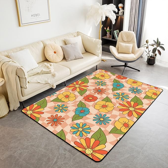 Erosebridal Girls Kawaii Vintage Floral Area Rug 4x5,Cute 70S Groovy Flowers Decorative Rug Teen Women Hippie Aesthetic Retro Pink Abstract Checkered Colorful Non Slip Carpet