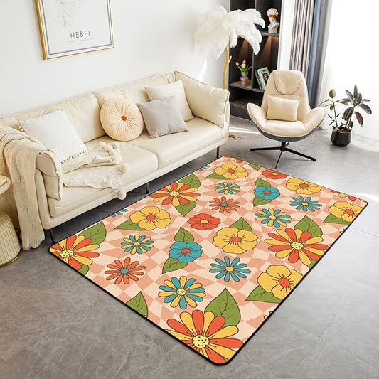 Erosebridal Girls Kawaii Vintage Floral Area Rug 4x5,Cute 70S Groovy Flowers Decorative Rug Teen Women Hippie Aesthetic Retro Pink Abstract Checkered Colorful Non Slip Carpet