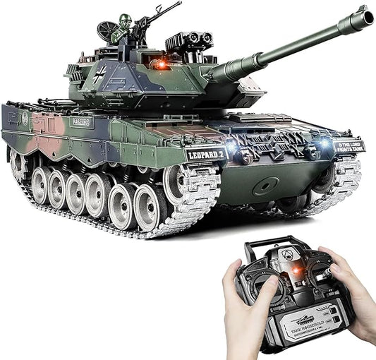 1:18 RC Tank, 2.4Ghz Metal German Leopard II Remote Control Model Toys, RC Vehicle Military Tank That Shoots BBS and Water Bombs, Army Toy for Adults and Kids with Smoke, Lights, Sound, Recoil