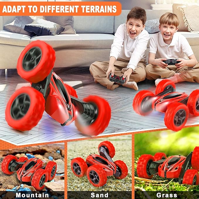 Remote Control Car, 2.4GHz Fast Stunt RC Trucks with Headlights, 4WD Double Sided 360 Rotating Off Road RC Crawler Toy Cars for Kids Boys Girls (Red)