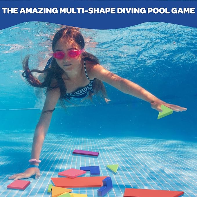 Aqua Blocks Pool Diving Game- Set Includes 40 Multi-Shape Sinking Toys,18 Challenge Cards w 3 Difficulty Levels, Mesh Storage Bag- Kids Swimming Activity Game- Outdoor 4th of July Summer BBQ Party Fun