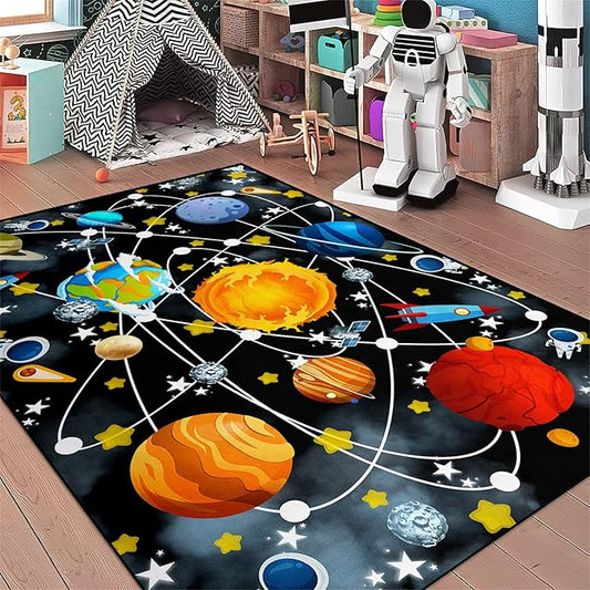 Blue Space Rugs Educational Learning Large Size Solar System Carpet Rugs Kids Rug for Bedroom Boys Space Area Rug Living Bedroom Dining Room Decor, 3'×4'