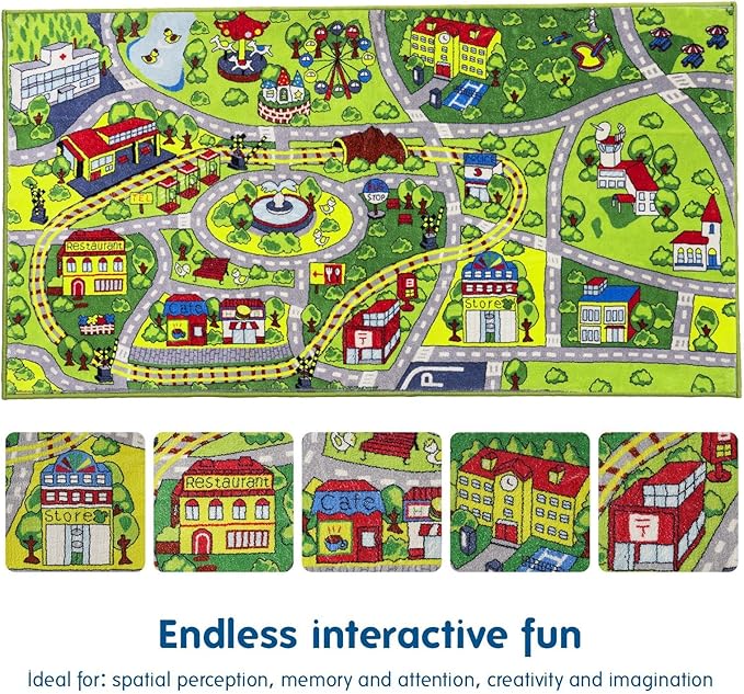 Booooom Jackson Kids Play Mat - Soft, Non Slip Race Car & Train Rug, Washable Area Rug for Bedroom, Playroom, Preschool