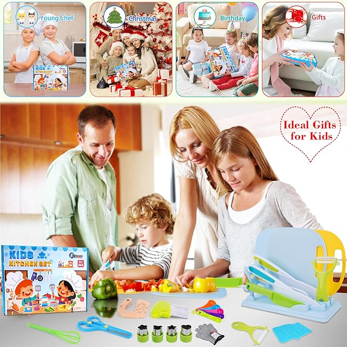 FCSONU 24 Pcs Montessori Kitchen Toys for Toddlers, Kids Kitchen Knife Set with Holder, Kids Cooking Sets Real with Knife Block & Plastic Kid Safe Knives Set & Cutting Board, Boy Girls Birthday Gifts