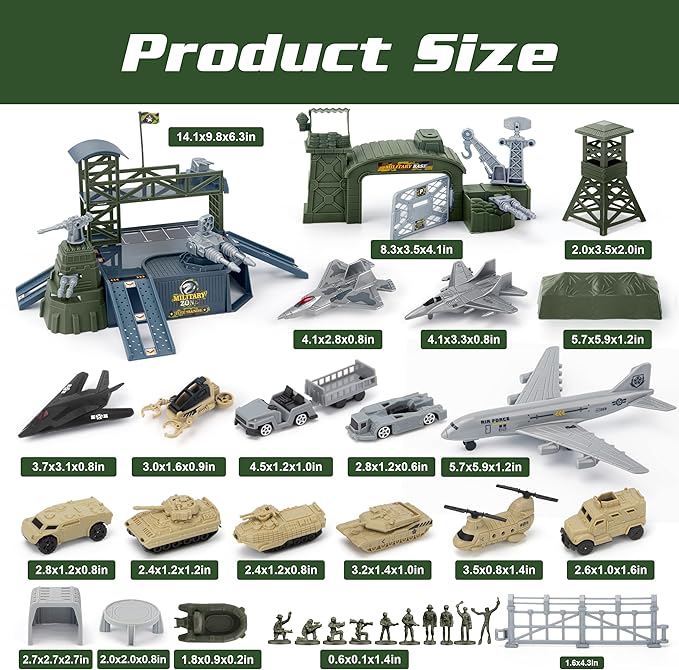 Army Toys, Military Airplane Tank Toy Sets with 13 Vehicles, Trucks, Helicopter, Fighter Jet, Play Mat with Army Men Action Figures and Accessories, Birthday Gift for Boys