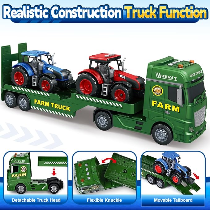 SpringFlower Toddler Boy Truck Toys, 25" Large Farm Vehicles with Tractors, 3 in 1 Farm Truck Boy Toy, Christmas & Birthday Gifts for Kids 3-6 Years Old