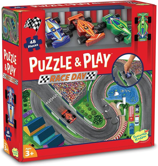 Peaceable Kingdom Puzzle & Play: Race Day - Floor Puzzle for Kids Ages 3 and Up - Includes 3 Wooden Vehicles to Zoom Around The Race Track Puzzle for a Double Dose of Fun - Measures 26” x 36”