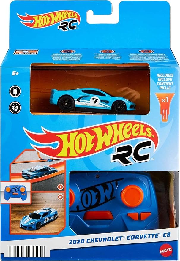 Hot Wheels Toy Car, RC C8 Corvette in 1:64 Scale, Remote-Control Vehicle with Controller & USB Cable, Works On & Off Track