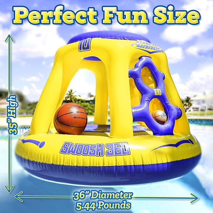 Wave Runner Inflatable Pool Basketball Hoop Set, Poolside Floating Basketball Game with Ball, Water Play and Trick Shots, GAINT Pool Toys and Floats for Swimming Pool Fun