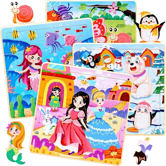 4SET Puzzles for Kids Ages 4-6 - 48 Pcs Wooden Realistic Montessori Toddler Puzzles Ages 3-5 - Princess Mermaid Insect Learning Games for Boys and Girls 4-8 Year Olds