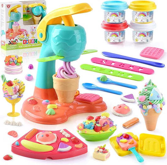 PLAY Clay Dough Set with Ice Cream Maker Machine/Noodle Maker/Banana Split Ice Cream Mold Kitchen Creations Arts Crafts Play Food Toys Tools Kit for Boys Girls Kids Toddlers Ages 3+
