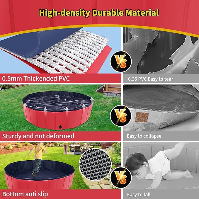 Foldable Dog Pool, 87" x 14" Large Kiddie Pool with Hard Plastic, Non-Slip Dog Bath Tub for Outdoor Backyard, Collapsible Dog Swimming Pool for Kids Dogs Pets (Red)