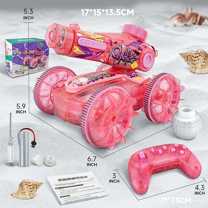 BEZGAR Amphibious Remote Control Car Toys for Ages 6-8, Rc Stunt Car with Water Gun for Boys and Girls 8-12, Remote Control Boat with Light Beach and Pool Toys for Kids (Pink)