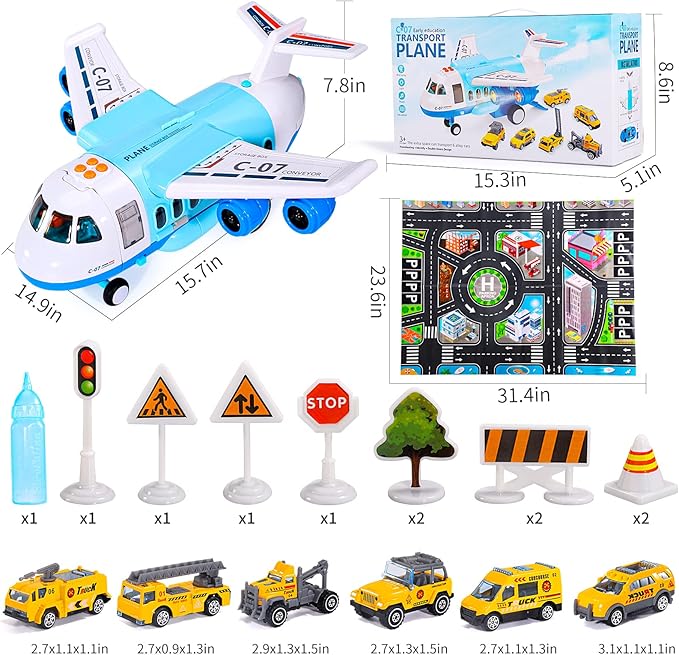iHaHa Spray Airplane Toys for Boys Girls, Large Transport Cargo Airplane with 6 Construction Vehicle 10 Road Signs 1 Play Mat, Plane Toy with Lights Sounds for Boys Age 3 4 5 6