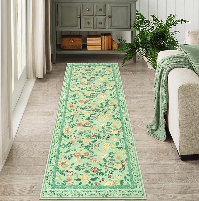 Floral Washable Runner Rug, 2x6 Green Rug Runners for Hallways Non-Slip, Soft Low Pile Flower Birds Long Bathroom Mat Botanical Throw Carpet for Kitchen Laundry Entryway Porch