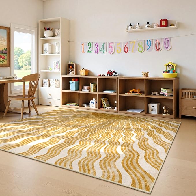 Boho 8x10 Area Rugs, Sun Print Soft Washable Rugs 8x10 Rug for Living Room Nursery, Ultra-Thin Non-Slip Kids Rug Large Carpet for Playroom Bedroom Classroom(8x10ft,Gold/Multi)