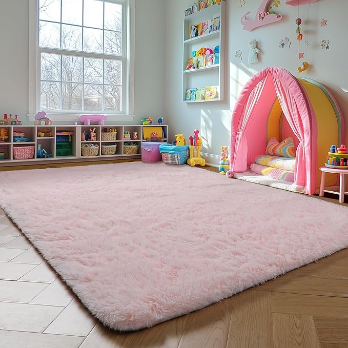 Amdrebio Pink Area Rug 6x9 for Girls Bedroom, Large Shag Fluffy Rugs for Living Room Decor, Cute Fuzzy Furry Carpet for Kids, Baby, Teen, Classroom, Nursery, Soft Plush Floor Rug for Playroom, Office