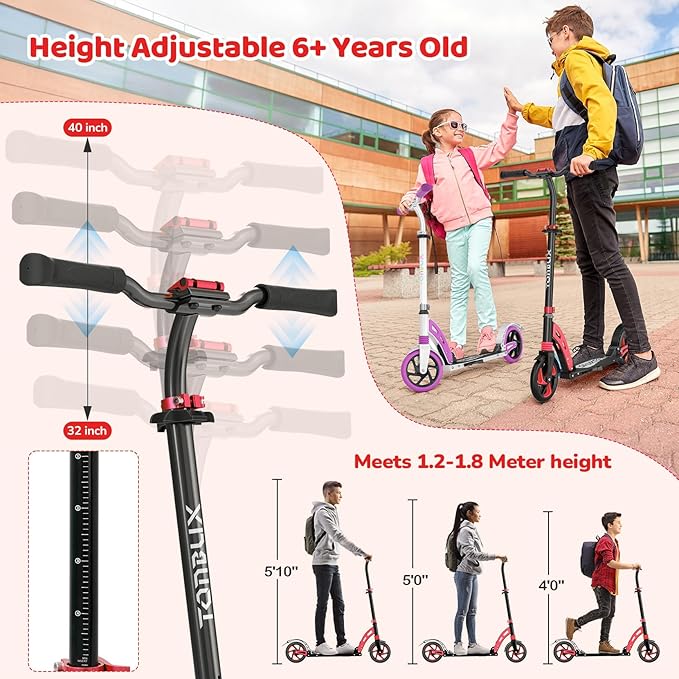 TONBUX Kick Scooter for Ages 6+, Dual Suspension Kids Scooter with Lightweight Aluminum Frame, Adjustable Handlebar Scooters for Kids, Teens and Adults