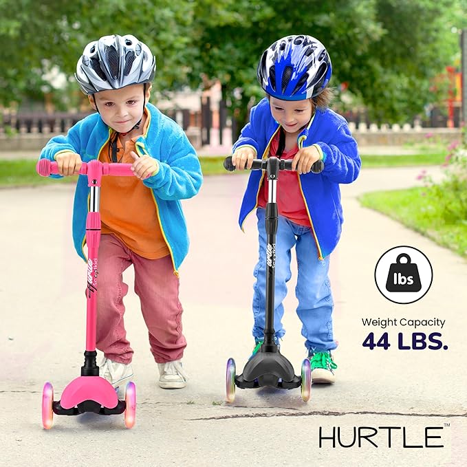 Hurtle Mini Kickboard Scooter for Kids – Height Adjustable 25-28 Inches, 3-Wheel Toddler Micro Scooter with LED Light-up Wheels, Lightweight Riding Toy, Non-Slip, Indoor/Outdoor Fun, Ages 2-5 (Pink)