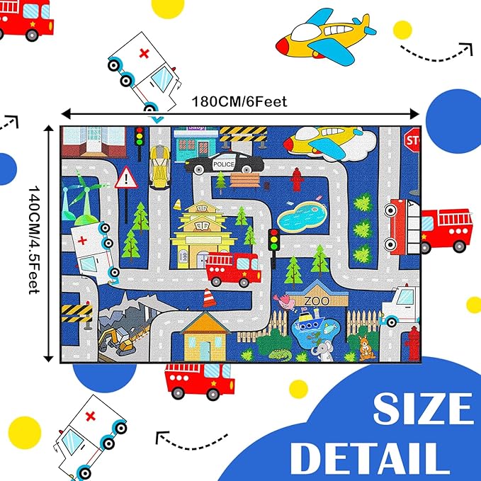 Kids Car Rug Play Mat - City Life Map Car Mat for Kids Toy Educational Play Traffic Road Carpet for Childrens Race Track Rug for Bedroom (Sky Blue, 4.5x6 Feet)