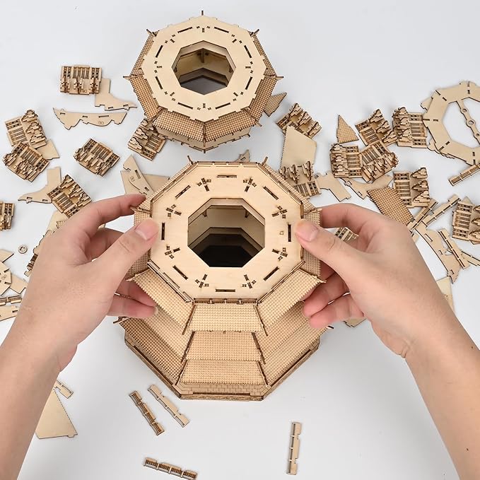 Wooden Pagoda 3D Puzzle for Adults - Wooden Puzzles, Creative Crafts for Adults, Birthday Christmas Party Favors Home Decor Gift - Six-Storied Pagoda with LED Light (1287pcs)