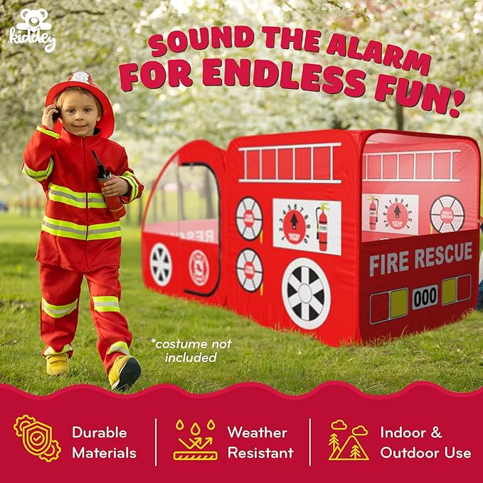 Kiddey Fire Truck Play Tent for Kids - Firetruck Tents with Sirens and Fireman Sound Button for Girls, Boys, & Toddlers Gifts - Red Fire Engine Pop Up Playhouse for Toddler - Indoor & Outdoor