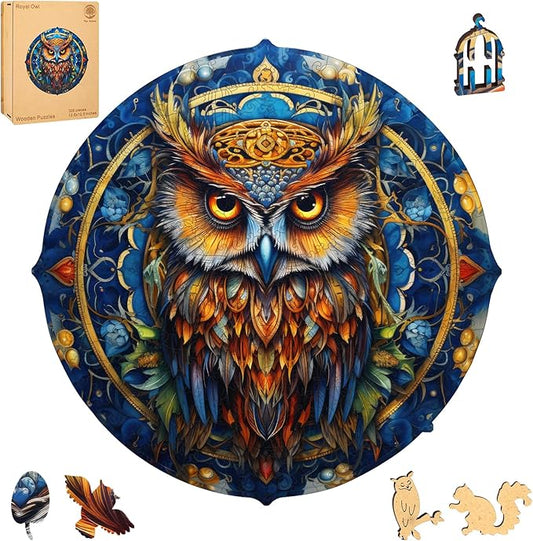 Royal Owl Wooden Jigsaw Puzzle for Adult and Kids 300 Pcs Unique Shape Multicolor Wood Storage Box Fun Challenge Brain Teaser Family Game Creative Gift for Friends Rompecabezas Madera