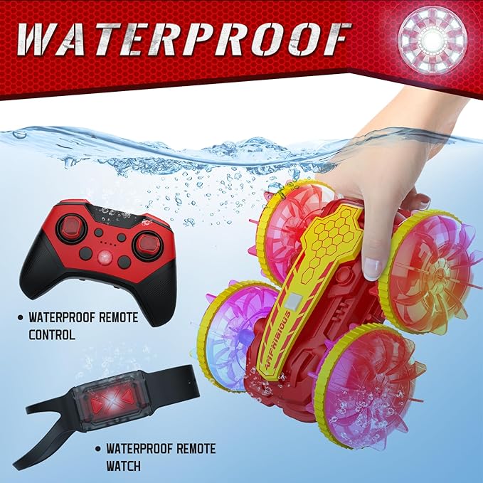 Amphibious RC Car with Lights for Kids 6-12 Year Old Gesture Sensor RC Stunt Cars Boat 4WD 2.4GHz Waterproof Hand Controlled Remote Control Car 360° Rotating Water Beach Pool Toys Gift for Boys Girls
