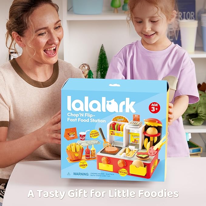 Play Kitchen Toddler Toy - 40+ PCS Fast Food Station with Potato Cutter, Simulated Frying Effect & Lights, Order & Drink Station - Pretend Play Food Toy Birthday Gift for Boys Girls