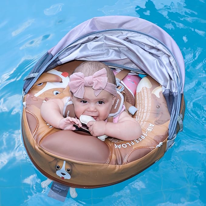 Mambobaby Float Add Tail Baby Swim Float with Canopy Solid Pool Infant Swim Trainer Swimming Training Lying Air Free Water Floats Non-Inflatable Waist Swim Ring for Toddlers (Cute Puppy)