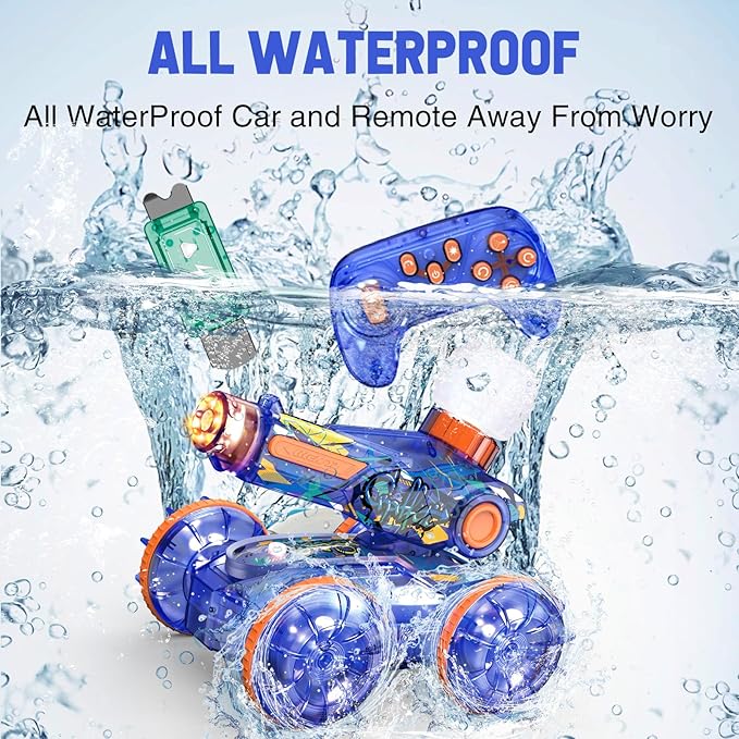 Amphibious Remote Control Car Toys - RC Stunt Car with Water Gun for Boys and Girls Age 8-12 | Remote Control Boat for Kids | Water & Land 4WD with Gesture Sensing, Lights, Waterproof, Rotation, Blue