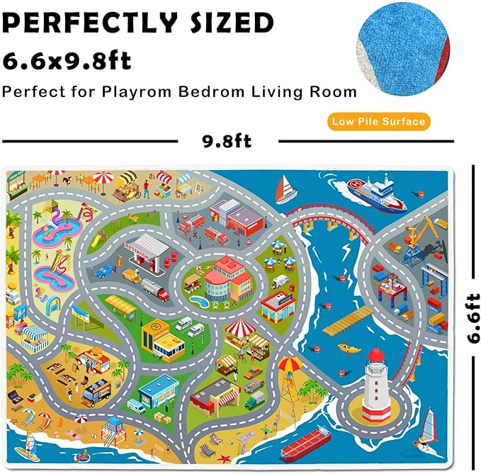 Kids car Rug playmat with Non-Slip Backing for Boys and Girls playroom, Parent-Child Interactive Play Carpet