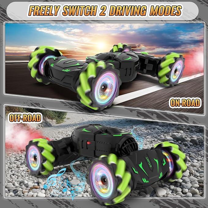 Pristar Gesture RC Toys for Boys 6-12, RC Sensing Stunt Car with Cool Spray Lights Music, Double Sided Flip 360 Rotate 4WD Off-Road
