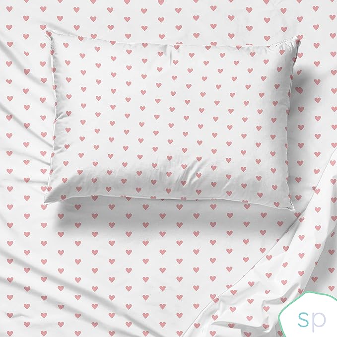 Saturday Park Pink Hearts Full Sheet Set - 4 Piece 100% Organic Cotton Sheets - GOTS & Oeko-TEX Certified