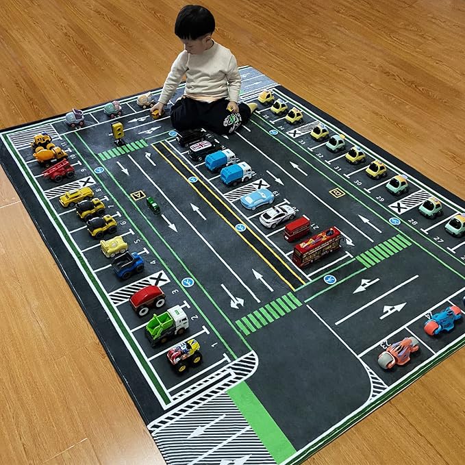 Kids Rug, City Road Traffic System Playmat Rugs - 5x7 Ft Kids Carpet with Rubber Backing,Street Play Mat Great for Playing with Cars for Bedroom Playroom - Non-Slip Have Fun Safe Nursery Rug