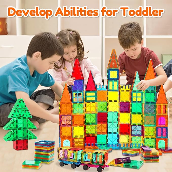 Magnetic Tiles 100PCS with 2 Cars Magnet Building Blocks for Kids Educational Magnetic Blocks Sensory Toys Montessori Stacking Gift for 3 4 5 6 7 Year Old Boys Girls Construction STEM Toys Set