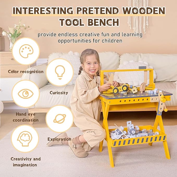 Kids Tool Bench with Sturdy Wood, Toddler Workbench with Realistic Toy Construction Set, Toy Tools Set and Multiple Ceative Pieces for 3-6 Year Old Boys and Girls, Yellow