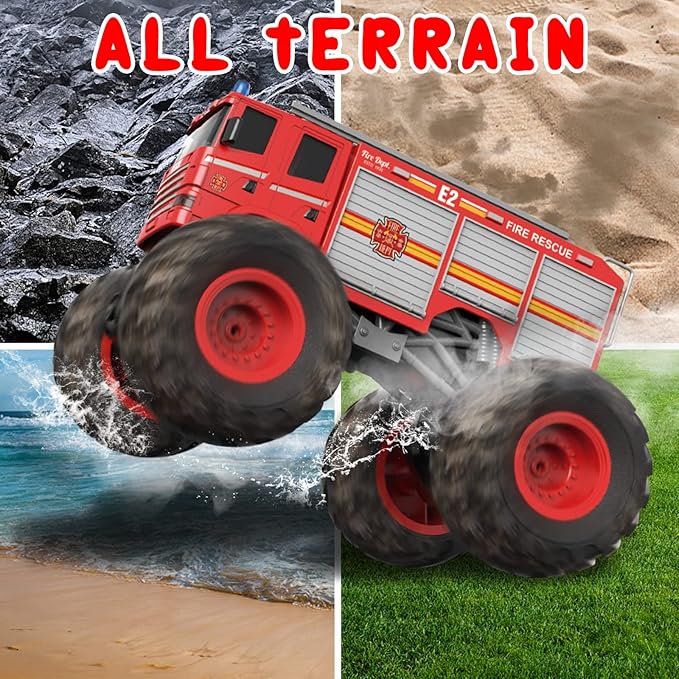 Remote Control Car, RC Fire Truck for Kids, RC Monster Truck Toy 2.4GHz 1:18 Scale Model Vehicle with LED Lights Sounds Racing Sport Toy Car for Adults Boys Girls Kids Gift 2Pcs Batteries