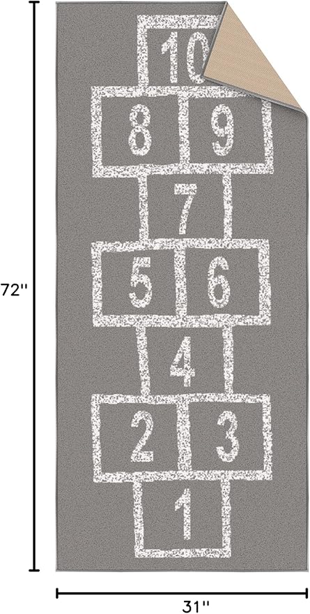 Ottomanson 2'7" x 6' Hopscotch Kids Rug - Play Mat for Playroom, Bedroom, Daycare & Classroom - Fun & Interactive Game Carpet - Durable and Non-Slip - Perfect for Learning & High-Traffic Areas, Gray