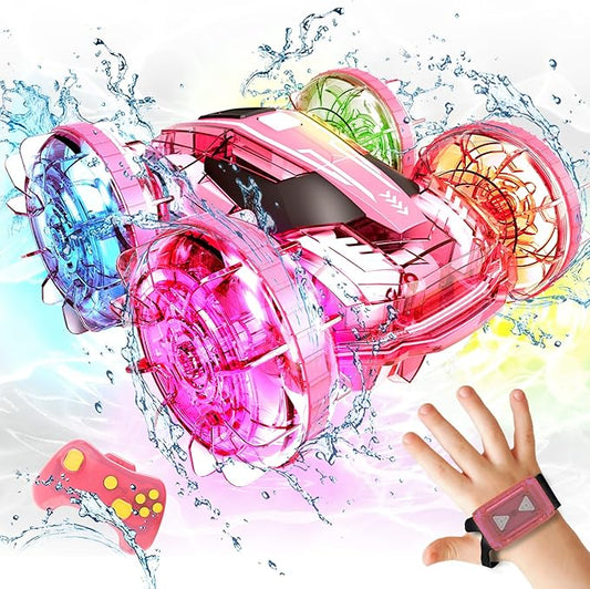 Tecnock Amphibious Remote Control Car Boat for Kids, 4WD RC Stunt Car with Waterproof Remote Control, 2.4GHz Gesture RC Cars with LED Lights, Water Pool Toys Gifts for Boys, Girls