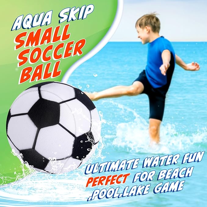 4Pcs Water Skipping Balls for Pool Play(Soccer Theme), Water Pool Beach Swim Toys for Kids Ages 4-8, 8-12 and Adults, Include 2 Balls and 2 Discs