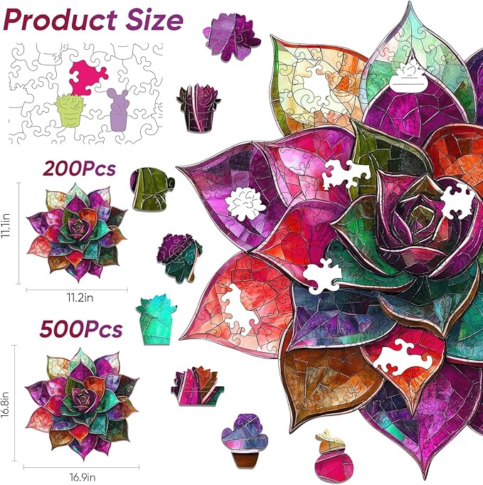 Colorful Succulent Puzzles for Adults 500 Pieces,Wooden Puzzles, 5MM Thick Unique Shaped Flower Jigsaw Puzzles Birthday Gifts for Kids Family Game 16.8 * 16.9inch